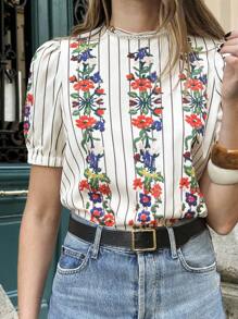 SHEIN PariChic Women's French Romantic Casual Striped Print Round Neck Ruffle Short Sleeve Loose Blouse Roupa Para A Universidade, Christmas