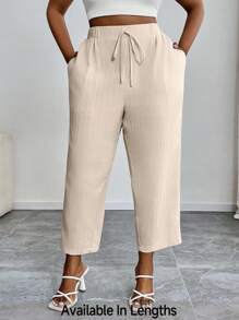 SHEIN PETITE CURVE 大码度假纯色打结休闲裤，带口袋，夏季女装下装，女士夏季裤装 - 卡其色 - 查看 5