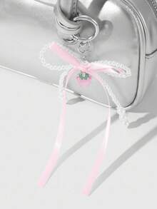 ROMWE Kawaii 1pc Elegant, Delicate, Minimalist High-End Handmade Beaded White Faux Pearl, Pink Ribbon Bow, Resin Strawberry DIY Keychain, Bag Charm, Suitable For Women, Daily Wear, Holiday Gift - Pink - View 5