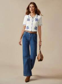 Florisole Cárdigan asimétrico de punto estilo bohemio, jersey de punto con cuello polo, suéter de punto informal para primavera - Albaricoque - Ver 4