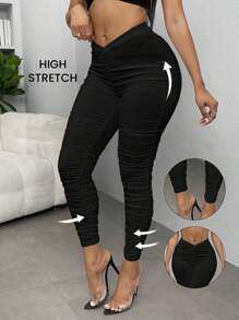 SHEIN SXY Quần dài thường ngày xếp ly màu trơn cỡ lớn dành cho nữ, mặc hàng ngày - màu đen - Xem 3