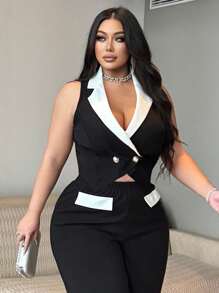 NU&NOW 女式大码优雅撞色西装外套，下摆不对称，正式商务背心，春夏