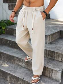 Manfinity RSRT 男士长款纯色卡其色梭织面料裤子，宽松版型，实用口袋，男士休闲裤，宽松直筒裤，抽绳裤，米色亚麻裤，男士亚麻裤，秋季