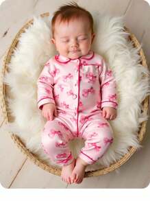 SHEIN Newborn Baby Girl Cute Casual Knitted Pink Bow Pattern Long Sleeve Jumpsuit Fall Winter