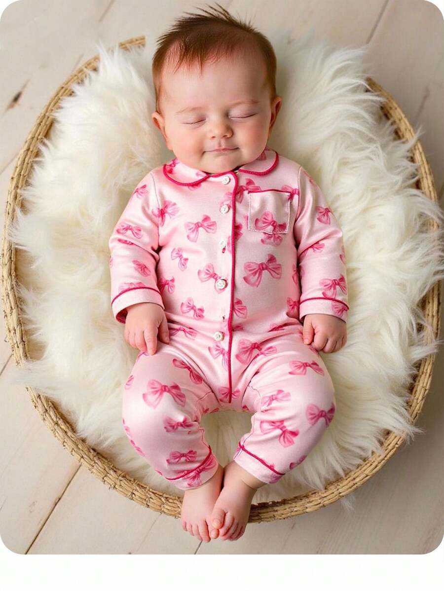 SHEIN Newborn Baby Girl Cute Casual Knitted Pink Bow Pattern Long Sleeve Jumpsuit Fall Winter