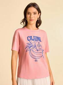 CAJUNI 女式粉色鹦鹉字母印花休闲宽松T恤，夏季基本款上衣/秋季服装 - 棕色 - 查看 4