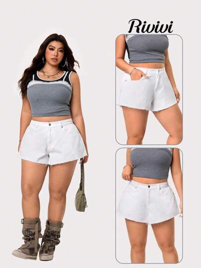Rivivi Plus Size Distressed High Waist Frayed Hem Casual Denim Shorts, Versatile & Stylish