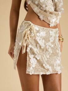 SHEIN BAE Summer Women's Solid Color Sequin Short Skirt For Party/Sequin Mini Skirt/Summer Skirt For Women, Clubs Women Sexy,Concert Women - White - View 3