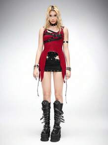 ROMWE Grunge Punk Asymmetric Hem Black Punk Functional Knit Top For Women - Burgundy - View 11