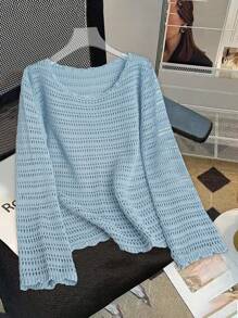 Franclia 时尚度假风镂空圆领超大休闲毛衣，时尚欧美风针织套头衫秋冬