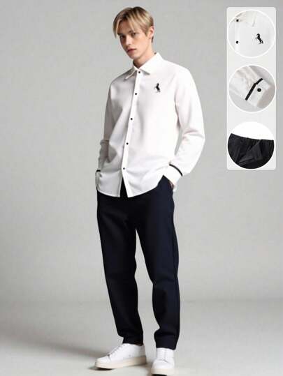 SHEIN 2pcs/Set Teen Boy Gentleman Outfit, Featuring Printed Stylish Slim Fit Long Sleeve Shirt + Long Pants, Elegant School/Casual Wear, Minimalist Style Fall Winter