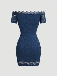 Celisse 蕾丝露肩性感优雅女式迷你连衣裙 - 藏蓝色 - 查看 4