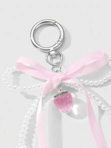 ROMWE Kawaii 1pc Elegant, Delicate, Minimalist High-End Handmade Beaded White Faux Pearl, Pink Ribbon Bow, Resin Strawberry DIY Keychain, Bag Charm, Suitable For Women, Daily Wear, Holiday Gift - Pink - View 3
