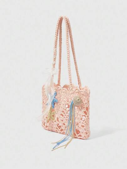 Kawaii Bolsa de un hombro estilo bohemio hecha a mano con decoración de estrellas de mar, bolso de playa para vacaciones