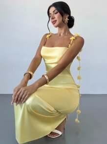 Firerie Vestido de verano elegante de mujer con camisola con flores 3D y espalda descubierta - Amarillo - Ver 6