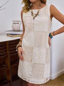 LanaWest Women's Elegant Apricot Hollow Out Embroidered Design Textured Fabric Fitted Casual/Holiday Mini Dress, Sleeveless Round Neck - Apricot - View 3