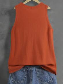 INAWLY Women's Solid Color Round Neck Loose Casual Knitted Vest - Redwood - View 2