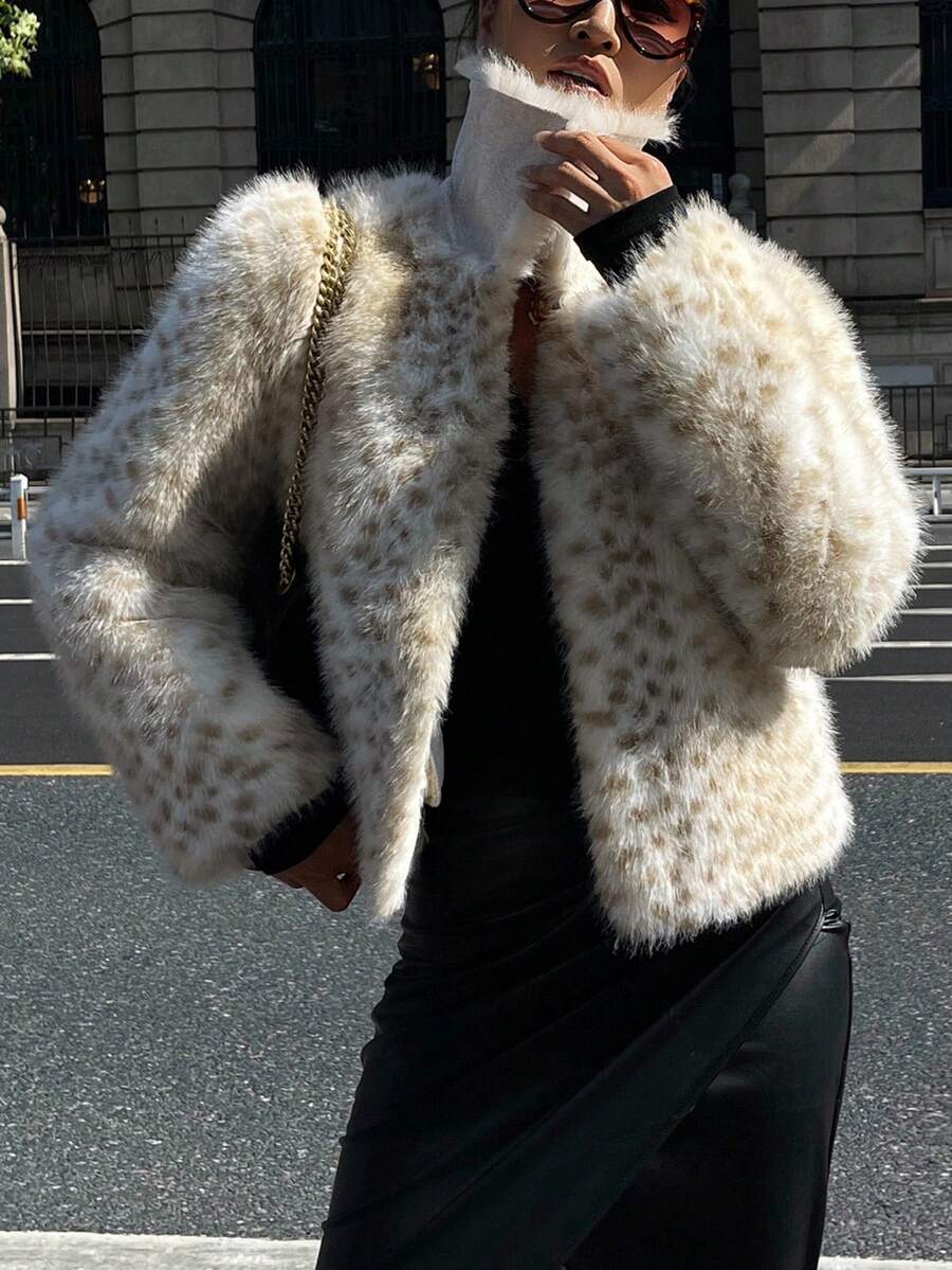 DAZY 女士宽松休闲人造毛皮夹克，豹纹街头风格优雅人造毛皮大衣冬季 - 米色 - 查看 1