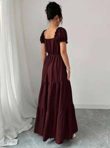 Elenzga 女士优雅长裙，独特领口，多层拼接，荷叶边，修身设计/垂坠/分层/假日装扮/波西米亚风/浪漫花卉/度假休闲