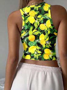 SHEIN EZwear 休闲柠檬印花图案圆领紧身女式背心，适合夏季