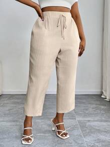 SHEIN PETITE CURVE 大码度假纯色打结休闲裤，带口袋，夏季女装下装，女士夏季裤装 - 卡其色 - 查看 3