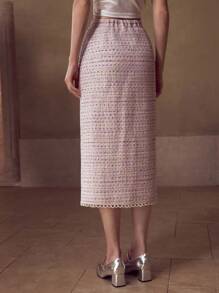 MOTF PREMIUM 粗花呢面料仿珍珠链条开衩优雅休闲日常女裙 - 紫色 - 查看 3