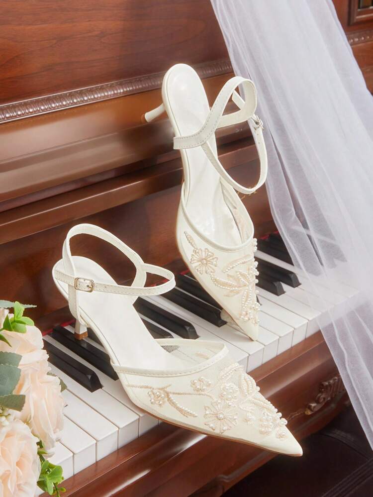 CUCCOO HITCHD Women's Embroidered Lace Beaded Floral Pointed Toe Kitten Heel Elegant Romantic Sexy White Mesh High Heel Pumps, Dress Shoes, Bridal Wedding Shoes, Suitable For Afternoon Tea, Date, Party, Wedding, Formal Occasions For Christmas Elegant Shoes Wedding Shoes Summer Shoes Bride Shoes