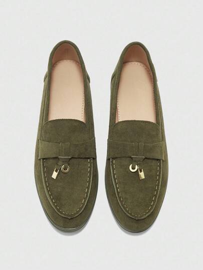 CUCCOO BIZCHIC Bekväma platta loafers i mocka för kvinnor, militärgröna skor, lämpliga för pendling, utomhusbruk, shopping, arbete, vardagsbruk, mångsidiga