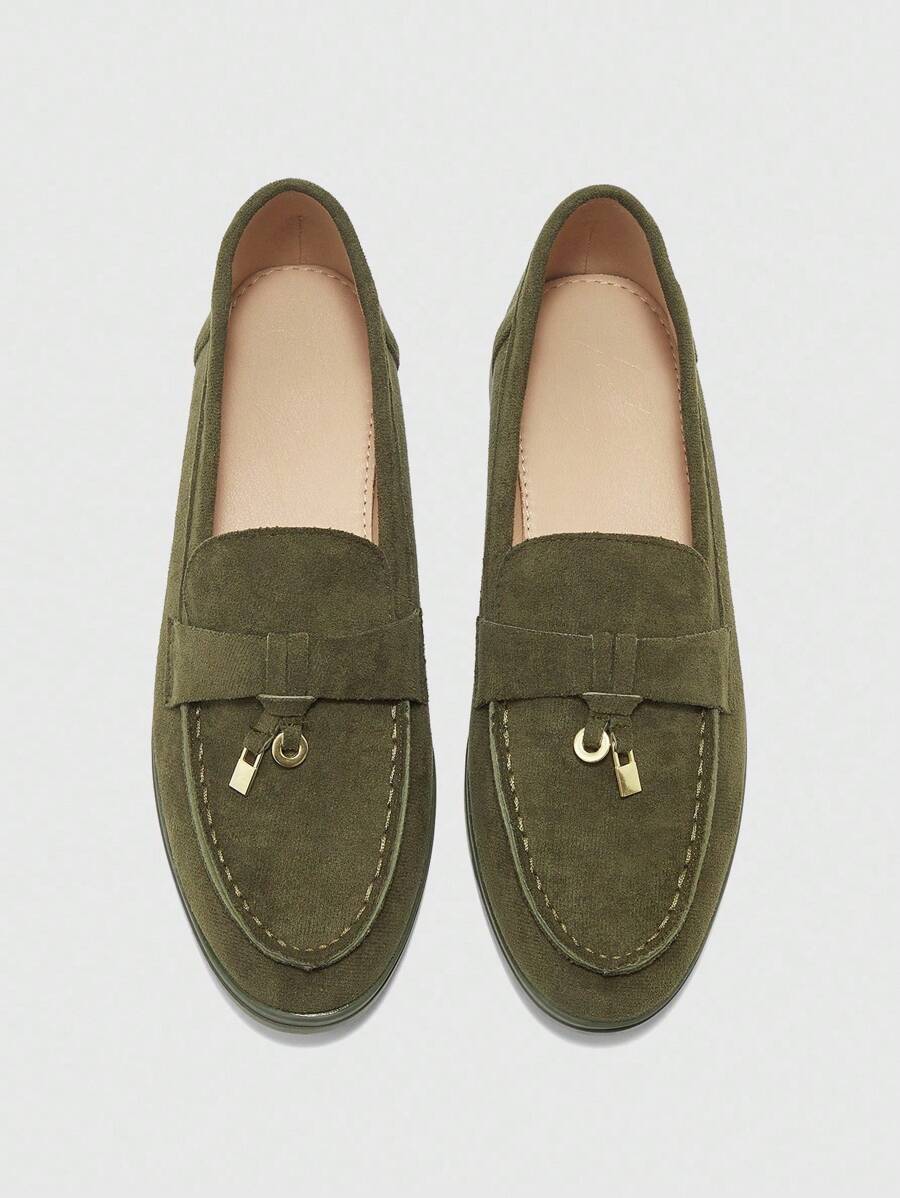 CUCCOO BIZCHIC 女式绒面革舒适平底乐福鞋，军绿色鞋子，适合通勤、户外、购物、工作、日常穿着，百搭 - 軍綠色 - 查看 1