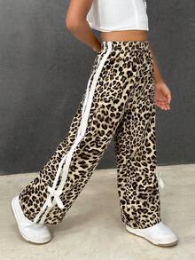 SHEIN 年轻女孩妈妈搭配休闲百搭通勤日常复古美式运动豹纹白色撞色丝带蝴蝶结宽松直筒裤，度假，夏季，旅行 - 彩色 - 查看 5