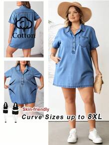 SHEIN CURVE+ 加大码蓝色牛仔衬衫款式短款纽扣连衣裙宽松版型教师衬衫外出服 - 淺色水洗藍 - 查看 1