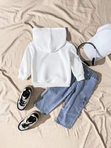 SHEIN Playful Pals Bộ 2 món đồ bé trai sơ sinh màu trắng, phong cách đường phố thường ngày mùa thu, áo hoodie họa tiết chữ thời trang dạo phố và quần denim, phong cách page boy, đi học tựu trường - Nhiều màu - Xem 2