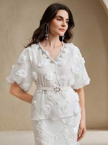 Anewsta Elaire Blusa elegante de moda con cuello en V, mangas abullonadas y flores 3D, para verano - Albaricoque - Ver 7