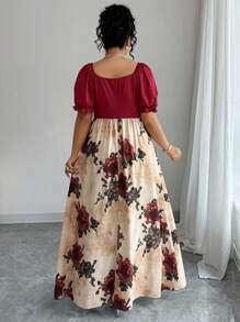 Elenzga Đầm suông cổ tim in hoa tay bồng cạp cao thanh lịch cỡ lớn cho nữ - Nhiều màu - Xem 2