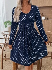 SHEIN LUNE Women's Navy Blue Polka Dot Short Dress,Elegant Autumn Casual Everyday Work Dresses For Women,Office Outfits,Birthday Modest Autumn Winter Clothes - Navy Blue - View 4