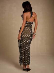 Glamine 2 Pieces Sets White And Black Color Wave Point Sexy V Neck Backless Asymmetrical Maxi Skirt Sets,Club Outfits,Women Fall Clothes,Streetwear,Concert Outfit,Date Night Outfits,Back To School Clothes,Going Out Set,Halloween Set