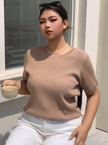 Dazy Plus Suéter holgado de punto de manga corta con cuello redondo y unicolor para mujer de talla grande - Caqui - Ver 7