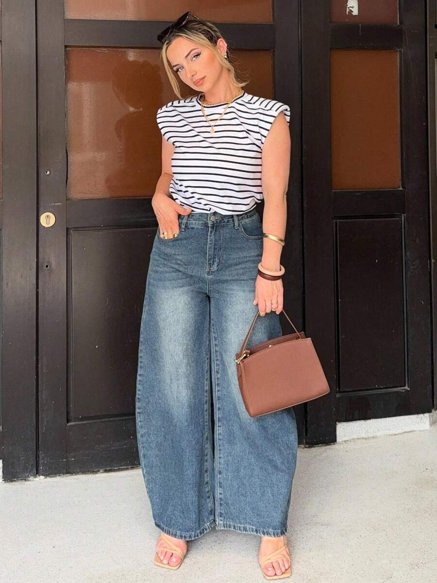 Jeta Ari 复古宽松街头水洗褪色阔腿女式宽松牛仔裤 Y2K - 深色水洗藍 - 查看 1