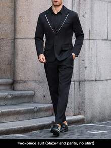 Manfinity Bizformal 男士翻領長袖夾克與長褲休閒黑色西裝套裝，辦公室穿搭、儀式、正式 - 黑色 - 查看 7