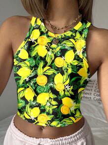 SHEIN EZwear 休闲柠檬印花图案圆领紧身女式背心，适合夏季