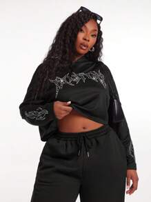 SHEIN SXY Sudadera con capucha con aplicaciones de rhinestones para mujer de talla grande en otoño e invierno