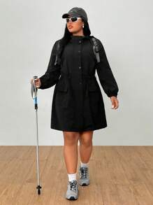 SHEIN EZwear 大码女式黑色长款束腰风衣，秋冬装、秋季、返校装、商务休闲装、办公室装、工作装、教师装 - 黑色 - 查看 6