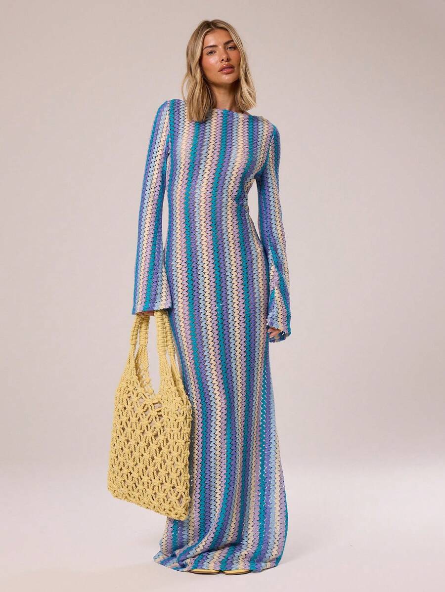 MUSERA Textured Stripe Knit Flared Maxi Dress Spring Summer Vacation Boho Ibiza Elegant Beach Cute The Beach House Festival , , Fall, Winter Summer Outfit - Blue - View 1