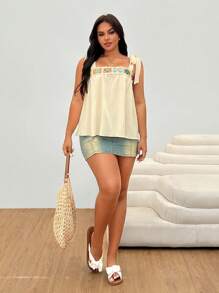 SHEIN EZwear Plus Size Women Floral Print Knotted Shoulder Camisole - Apricot - View 5