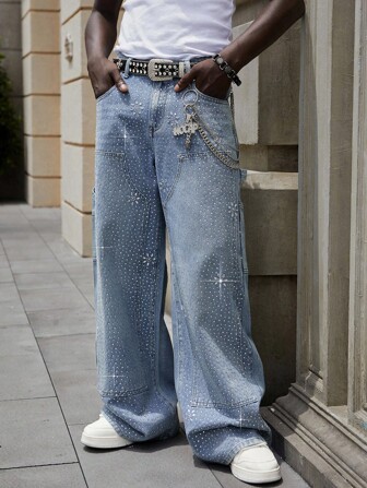 Street Life Jeans amples décontractés à jambe large avec strass pour hommes