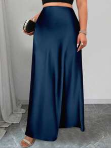 SHEIN PETITE CURVE Váy satin đa năng thanh lịch cỡ lớn dành cho nữ, kiểu dáng nữ tính - Màu xanh hải quân - Xem 3