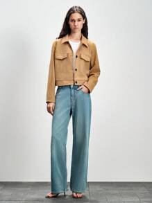 SHEIN LUNE Fashionable Casual Retro Suede Short Jacket, Casual Spring For University Fall - Khaki - View 5