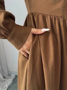 Elenzga 女士棕色厚面料 V 领纽扣设计腰部收紧 A 字秋季中长连衣裙，优雅精致，适合教师装、约会、街头、旅行、感恩节、万圣节派对、秋冬 - 棕色 - 查看 6