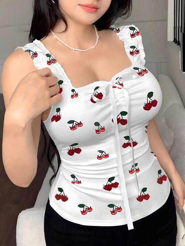 Modelyn Camiseta ajustada con estampado de cerezas para mujer, adecuada para vacaciones, viajes y uso diario
