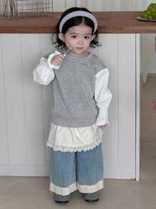 Dazy Kids 女宝宝拼色长袖卫衣，韩版，秋冬，幼儿秋季服装 - 灰色 - 查看 6